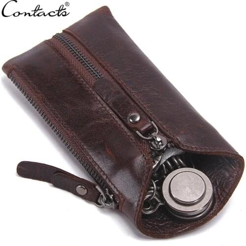 CONTACTS 100% Genuine Leather Key Wallet Men Car Key Holder Zipper Keys Case Top Quality Male Man Housekeeper Keys Organizer