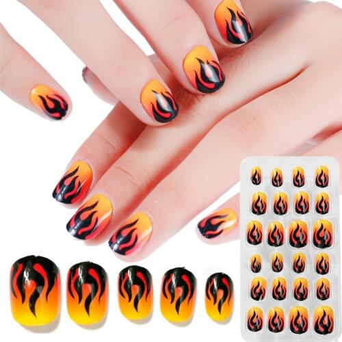 24pcs/pack Kids Children False Nail Tips Colorful Cartoon Full Cover pre-glue False Nail Halloween Spider Web Fire Fake Nail Tip