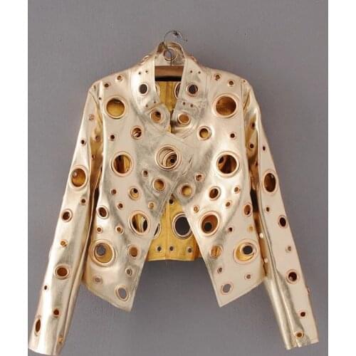 Short Women Slim American Fashion Personality Hollow Hole Rivet Rock Faux Leather Jacket Motorcycle Biker PU Leather Jacket