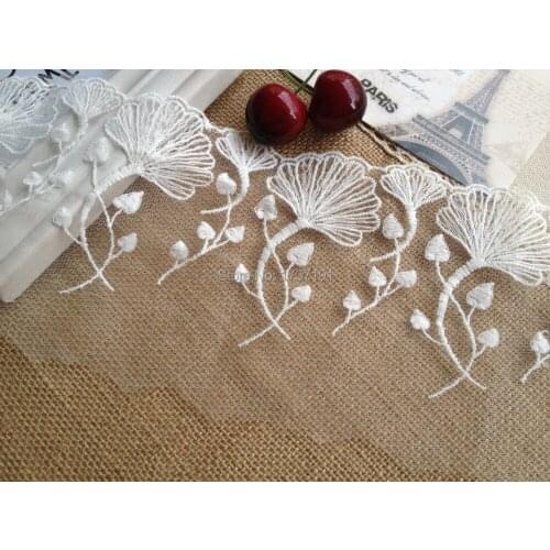 Hot Sale Embroidery Ginkgo Leaf Mesh Lace Trim In White Wedding Fabric 5.11 Inches Wide 5 Yards