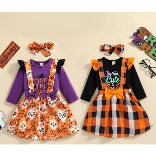 1-5Y Fashion Halloween Toddler Baby Girls Clothes Sets Letter Long Sleeve Pullover Tops Plaid Suspender Skirt Headband 3pcs