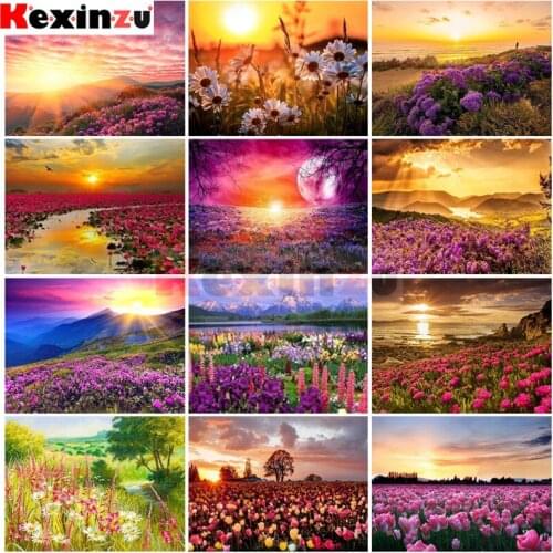 Kexinzu 5D Diamond Embroidery Needlework Kit "Sunset flower landscape" Diy Diamond Painting Cross Stitch Home Decoration Gift