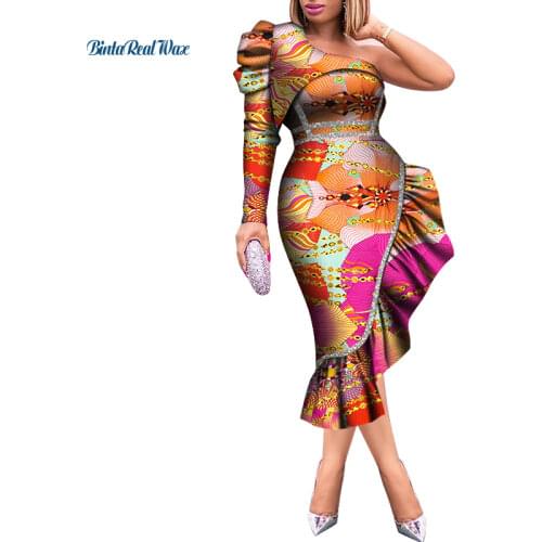 2021 New Fashion African Wax Print Dresses for Women Cotton Bazin Riche Knee Length Dress Traditional African Clothing WY8460
