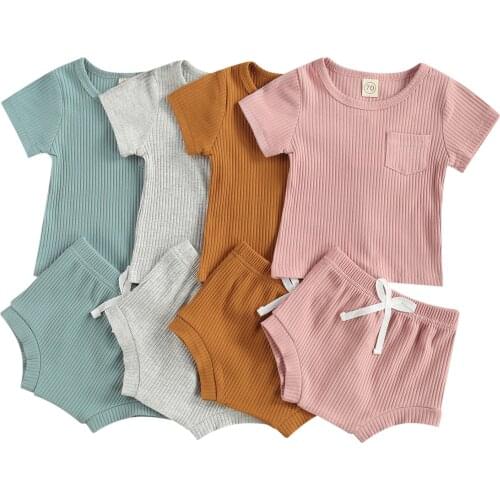 Infant Baby Girls Boys Ribbed Clothing Set Solid Color Ribbed Short Sleeve Tops and Shorts 2Pcs Suit Birthday Party Photography