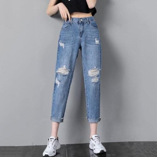 Plus Size Ripped Harem Jeans Women Spring Summer Casual Denim Ankle-Length Pants Retro Mid Waist Boyfriend Jeans Loose Trousers