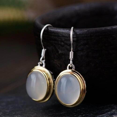 S925 silver plain style Mosaic chalcedony wind Female fabulous fashion earrings Jewelry wholesale