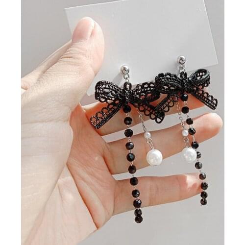 Korean Girl Earrings Fashion New Temperament Earrings Black Bow Pearl Net Red Long Tassel Womens Earrings Manufacturers For
