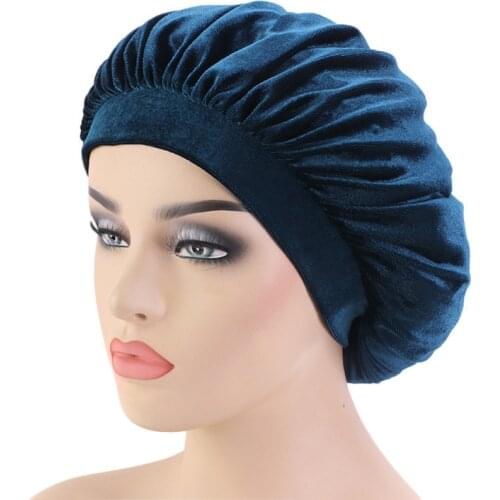 Velvet Women Bonnet Wide Band Beanie Muslim Headwrap Dome Hip-Hop Hat Elastic Bandeau Cheveux Sleep Cap for Curly Frizzy Hair