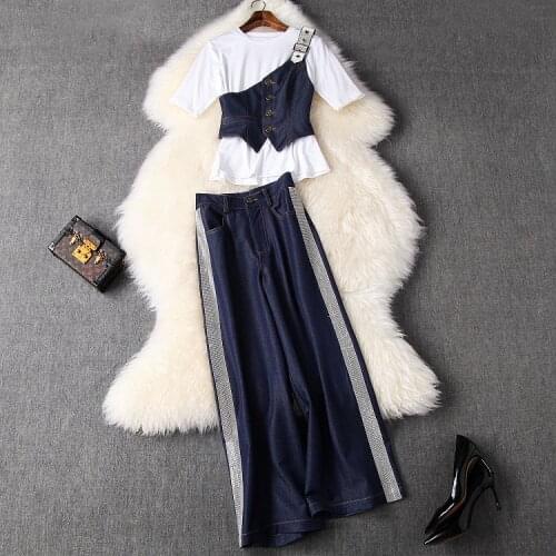 Chic Three Pieces Casual Sets Women White T-shirt + Denim Vest + Hotdrill Rhinestones Wide Leg Jeans One Set
