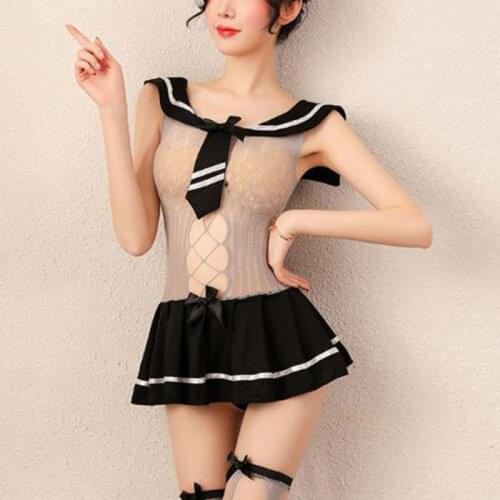 Schoolgirl Sexy Cosplay Costume Women Erotic Sheer Fishnet Lingerie Mini Dress Student Stripes Uniform with Stockings