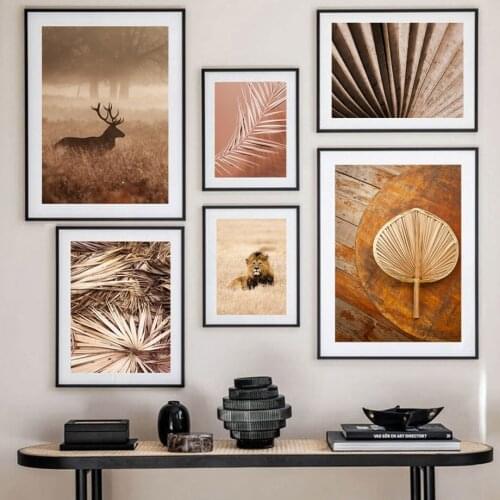 Tropical Palm Leaf Wild Lion Deer Wall Art Canvas Painting Nordic Posters And Prints Autumn Wall Pictures For Living Room Decor