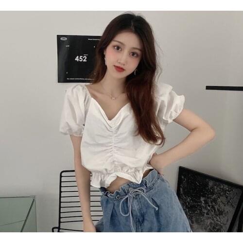 Women Blouse Small 2021 Summer Loose Pleated V-neck Puff Sleeve Womens Cropped Top Blusas Mujer De Moda