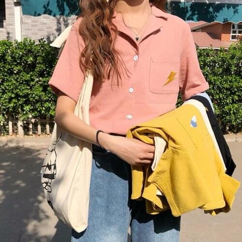 OIONINOS Preppy Style Womens Short Sleeve Print Shirt Pink Plus Size Casual Turn Down Collar Button Shirt