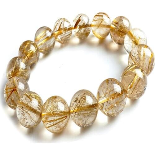 15mm Genuine Natural Brazil Yellow Hair Titanium Rutilated Quartz Crystal Round Beads Bracelet For Women Stretch Charm Bracelet