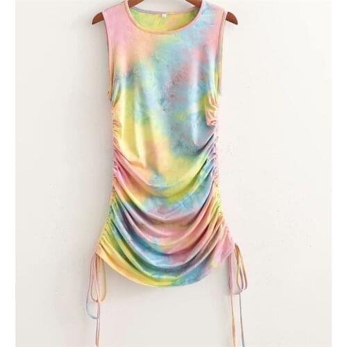 MESTTRAF Women 2021 Fashion Tie Dye Drawstring Slim Mini Dress Vintage O Neck Sleeveless Female Dresses Vestidos