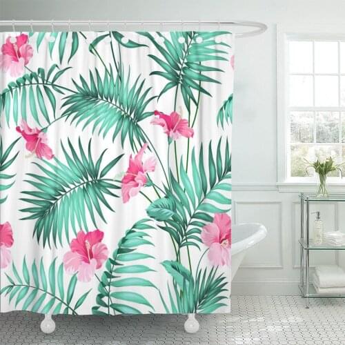 Watercolor Hibiscus Tropical with Flowers Red Beach Shower Curtain Waterproof Polyester Fabric 72 x 72 Inches Set with Hooks