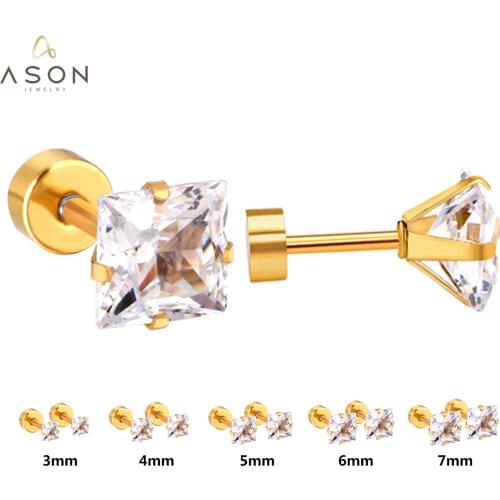 ASONSTEEL 5Pairs Square Cubic Zircnia Earring Sets Mixed Size 3mm to 7mm Stainless Steel Earrings for Women Anti-allergy Jewelry