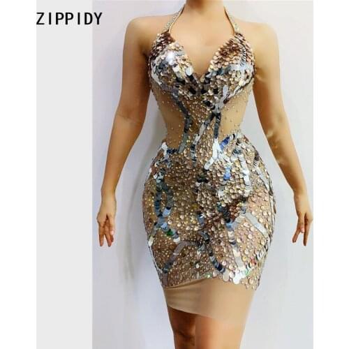 Shining Sequins AB Rhinestones Mesh V-neck Dress Birthday Celebrate Outfit Transparent Dress Prom Female Singer Dress