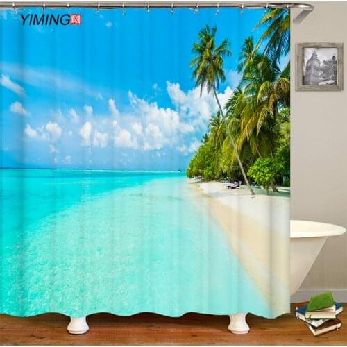 Bathroom Decoration Shower Curtain Sunshine Beach Seaside Landscape Printed Polyester Waterproof Shower Curtain with Hook