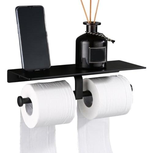 Modern Dual-purpose Toilet Paper Holder Wall-mounted Tissue Rack with Shelf Bathroom Double Rod Toilet Paper Dispenser