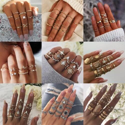 20 Design Vintage Gold Star Moon Rings Set For Women BOHO Opal Crystal Midi Finger Ring 2020 Female Bohemian Jewelry Gifts