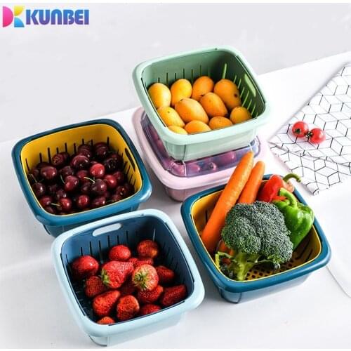 KUNBEI Kitchen Storage Box PP Double-Layer Refrigerator Fresh Vegetables And Fruit Drain Basket Storage Basket Cleaning Basket