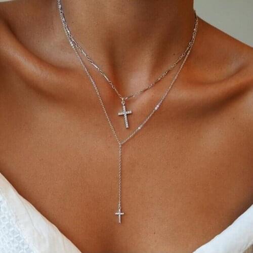 Fashion Multilayer Crystal Cross Chain Necklaces Pendants For Women retro Trendy Gold Silver color Charm Choker Necklace Jewelry