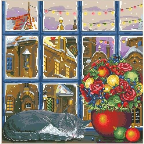 14/22/25ct Counted Cross Stitch Kit Winter Sleep Cat Kitten on Windowsill Nap Snow