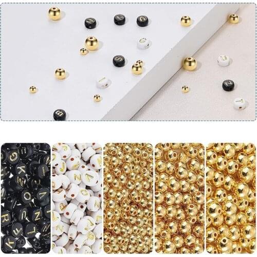 1600 Pieces Round Beads Set Includes Spacer Beads 8 mm, 6 mm, 4 mm Seamless Smooth Loose Beads Golden Black White