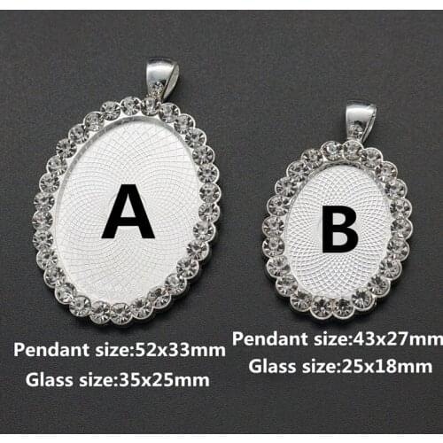 5pcs Oval Rhinestone Silver Plated Necklace Charms Setting Cabochon Cameo Base Tray Bezel Blank Fit 18x25mm glass cabochon