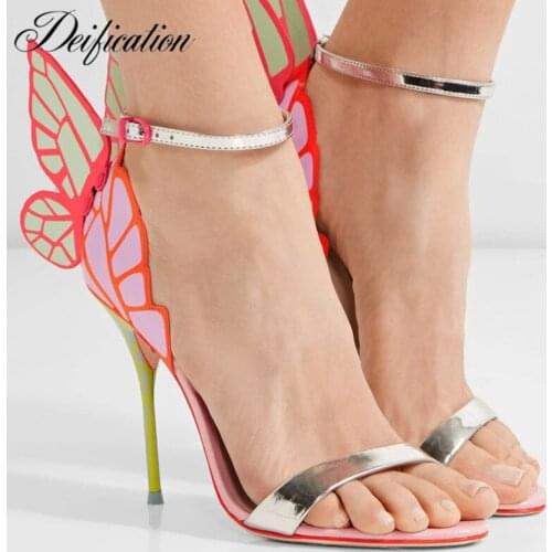 Deification Sexy Summer Shoes Woman Butterfly Wing Thin High Heels Sandals Women Ankle Strap Wedding Dress Shoes Sandalias Mujer