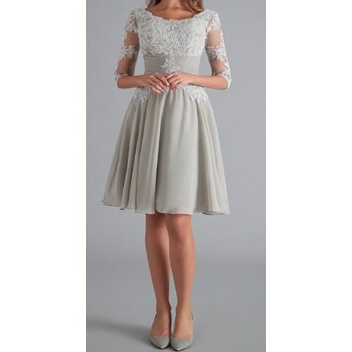 A-Line mother of The Bride Dresses Short silver V-Neck Half Sleeves Chiffon Mother Dress Lace Appliques Evening Gowns 2020