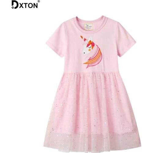 DXTON 2020 New Baby Girls Dresses Cotton Girls Vestidos Unicorn Kids Dress Cartoon Children Summer Short Sleeve Girls Clothing