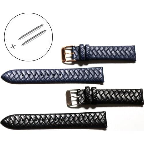 Watch Strap 20 mm Woven Pattern Blue Black Soft Replacement leather Watch Band Leather with Stainless Steel Buckle High Quality