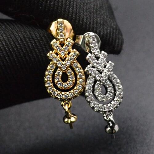 CZ Paved Drop Shape Pin Style Stud Earring Hooks Clasps Fit Half Hole Pearl Stone Beads Dangle Earrings Making Jewelry Findings