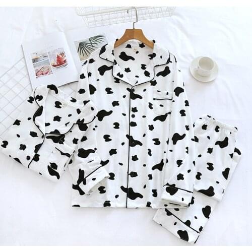 Knitted Cotton Long-sleeved Trousers Pajama Suit Lovers Four Seasons Thin Lapel Cartoon Cardigan Home Service for Men and Women