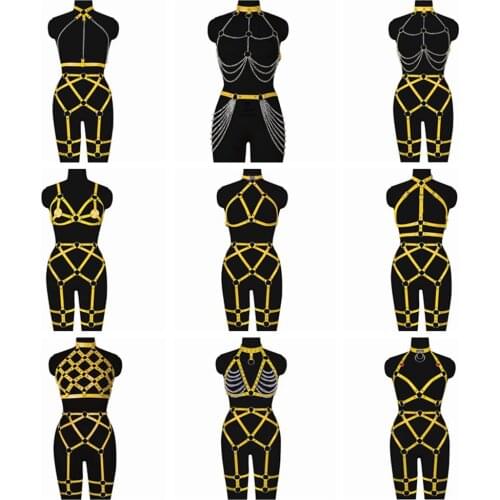 Yellow Leather Leg Harness Belts Goth Clothes Bdsm Suspender Harness Women Garter Belt Lingerie Set Belts Stockings Body Bondage