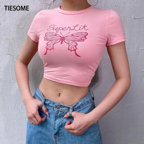 TIESOME Pink T-shirt Cute Butterfly Print Tops Tee Summer Slim Short Tee Shirts Women Clothes 2020 O-neck Shirt Sleeve Pink Top