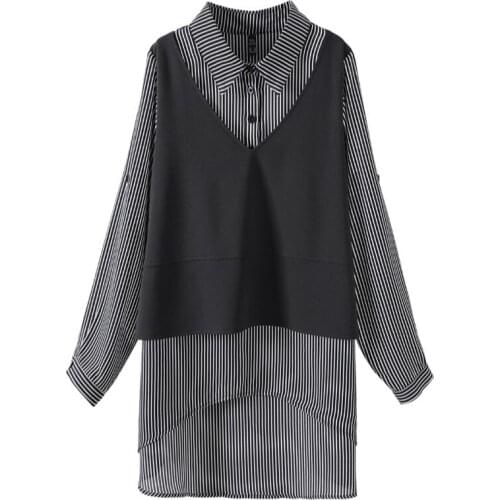 Plus Size 10XL 9XL 8XL Women Spring Long Sleeves T-shirts Femme Black And Striped Patchwork Tops Elegant Slim T Shirt For Mujers