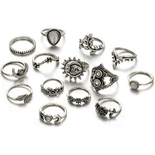 Antique Silver Ring Gemstone Flower Moon Finger Knuckle Tail Rings 14-piece Set Women Accessories Sun Pattern Ring Gift