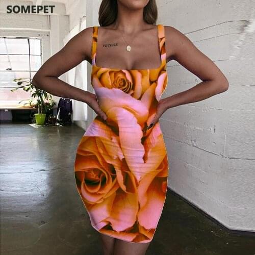 SOMEPET Flowers Dress Women Pink Sundress Novel Ladies Dresses Harajuku Halter Sleeveless Womens Clothing Summer Vintage Beach