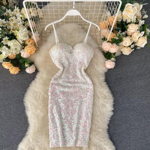 SINGRAIN Women Sequined Strap Dress Summer Sexy Elegant Backless Party Dress Korean V Neck Pencil Dress 2020 Club Style