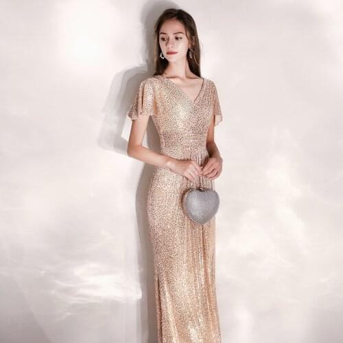 Women V-Neck Exquisite Formal Party Dress Butterfly Sleeve Temperament Sequins Banquet Dresses Elegant Floor-Length Dresses