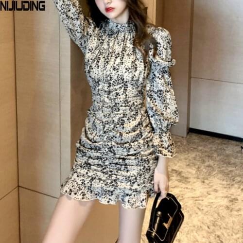Retro Floral Printed Ruffle Women Chiffon Dresses 2021 Spring Long Sleeve O-Neck Pleated Sexy Short Mini Dress Mujer Vestidos