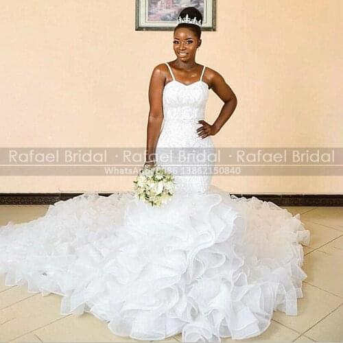 2021 Elegant Long Chapel Train Wedding Dress White Organza Luxury Beads Cascading Ruffles Mermaid Dresses Bridal For Women