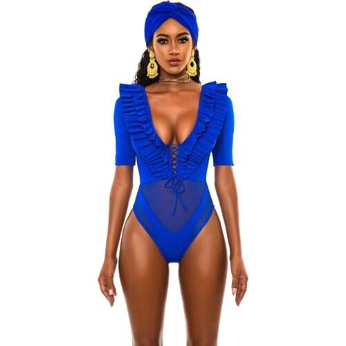 2020 New solid-color one-piece swimsuit sexy mesh half sleeve bikini sexy deep V high cut beach swimsuit