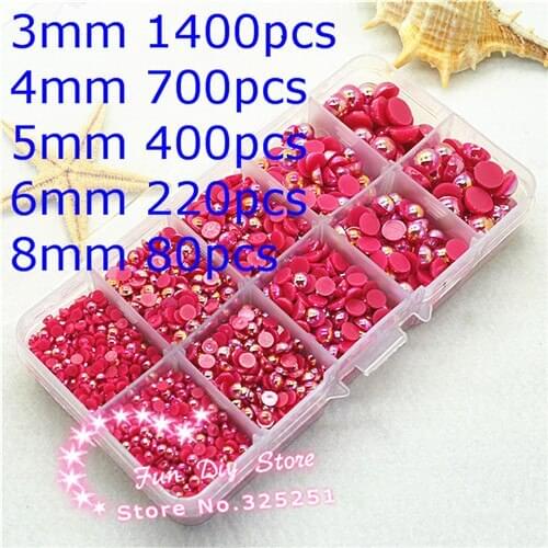 Deep hot pink flat back AB color pearl 3 4 5 6 8mm 2800pcs ABS half pearl