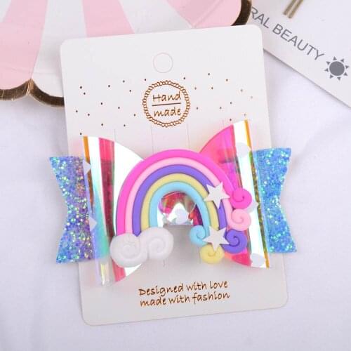 30 pcs/lot , 9 cm Hot sale glitter PVC bow with rainbow Colorful childrens hairpin sequined hair accessories 12 colors