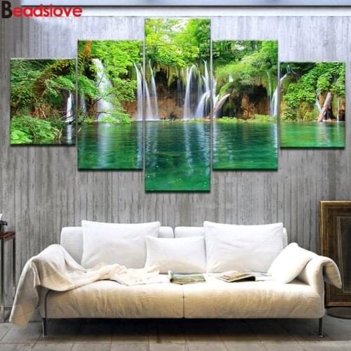 5 Piece diamond painting Green Landscape Waterfall Lake Water Art Group diamond Art mosaic full Embroidery full round square