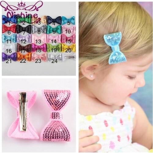 Nishine 20pcs/lot Girls 2" Embroidery Sequin Bows With Clips Knot Applique Sequin Bows Hairpins Boutique Child Hair Accessories